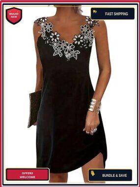 Summer Tank Dress Appliques V Neck Sleeveless Casual Short Dress